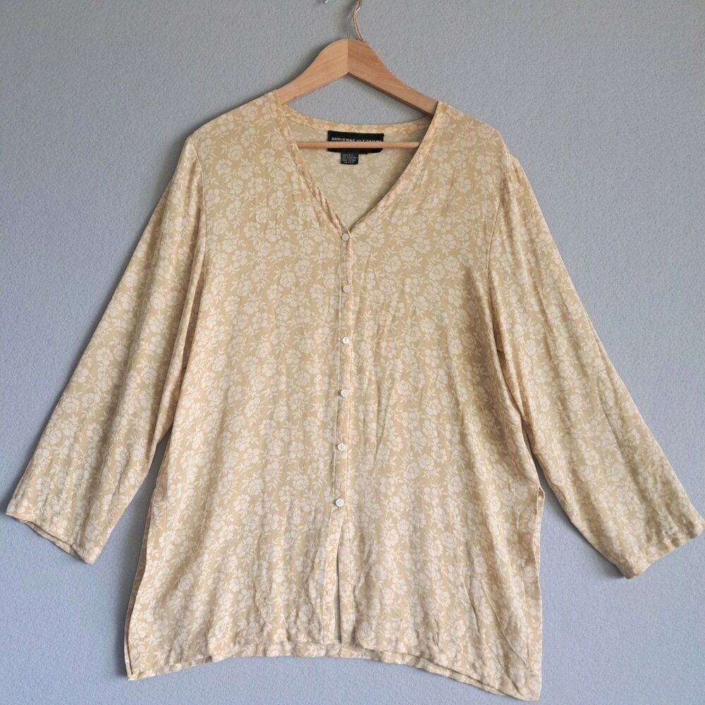 Adrienne Vittadini Women’s Medium Yellow Floral 100% Silk Long Sleeve Blouse